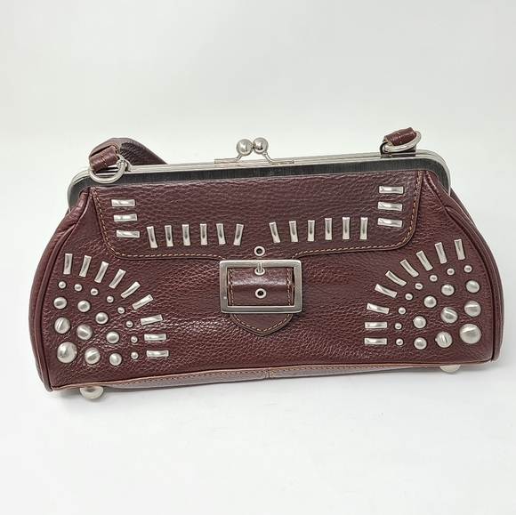 Vtg 90s Y2K Brown Leather Studded Short Strap Hand Shoulder Bag Animal Print - Picture 3 of 10